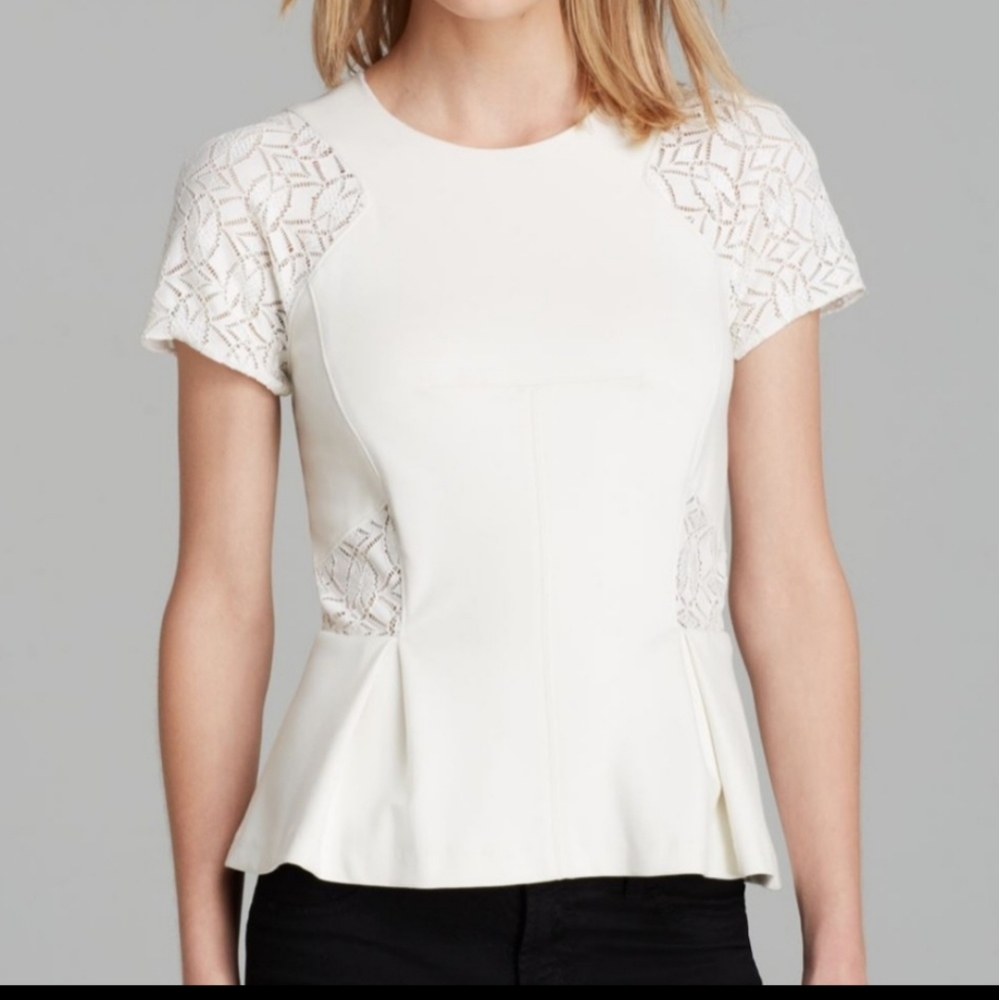 Rebecca Taylor White Lace Sleeveless Zip up Peplum Ponte Knit Blouse Top